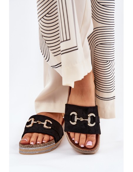 Womens Platform Sandals With Golden Decoration And Glitter Black Morisela