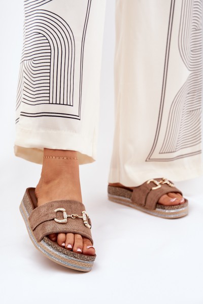 Ladies Platform Sandals With Gold Decoration And Glitter Khaki Morisela