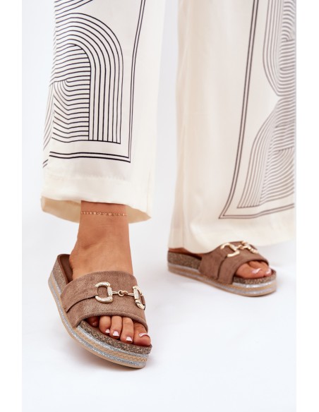 Ladies Platform Sandals With Gold Decoration And Glitter Khaki Morisela