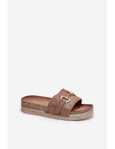 Ladies Platform Sandals With Gold Decoration And Glitter Khaki Morisela