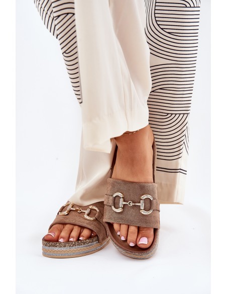 Ladies Platform Sandals With Gold Decoration And Glitter Khaki Morisela