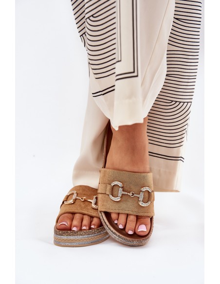 Ladies Platform Slippers With Golden Decoration And Glitter Camel Morisela