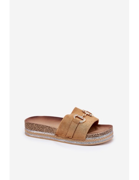 Ladies Platform Slippers With Golden Decoration And Glitter Camel Morisela
