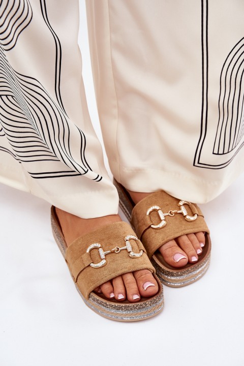 Ladies Platform Slippers With Golden Decoration And Glitter Camel Morisela