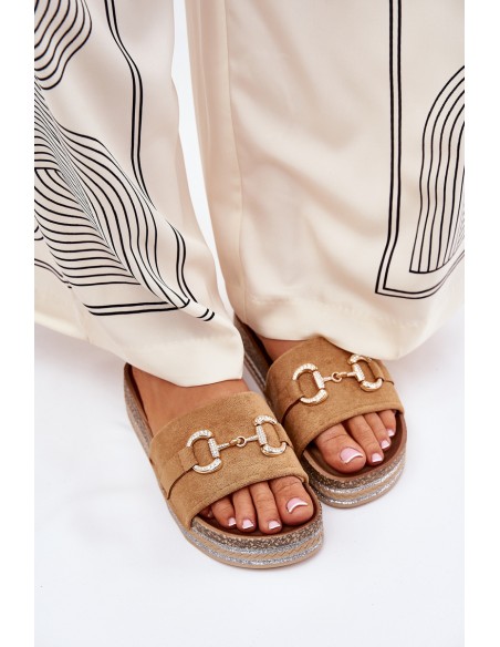 Ladies Platform Slippers With Golden Decoration And Glitter Camel Morisela