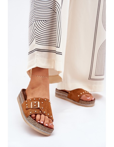 Women's Platform Slippers With Buckle And Studs Camel Nusithia