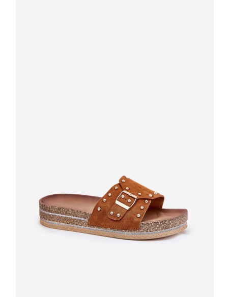 Women's Platform Slippers With Buckle And Studs Camel Nusithia