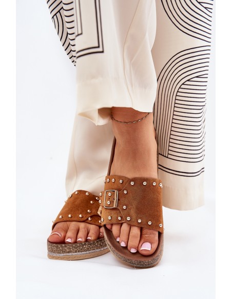 Women's Platform Slippers With Buckle And Studs Camel Nusithia