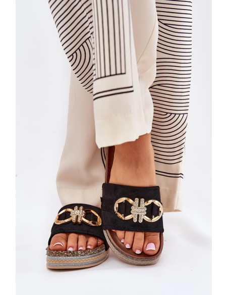 Women's Platform Sandals With Glitter And Gold Decoration Black Rilirea