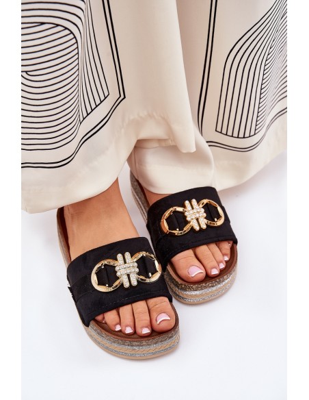 Women's Platform Sandals With Glitter And Gold Decoration Black Rilirea