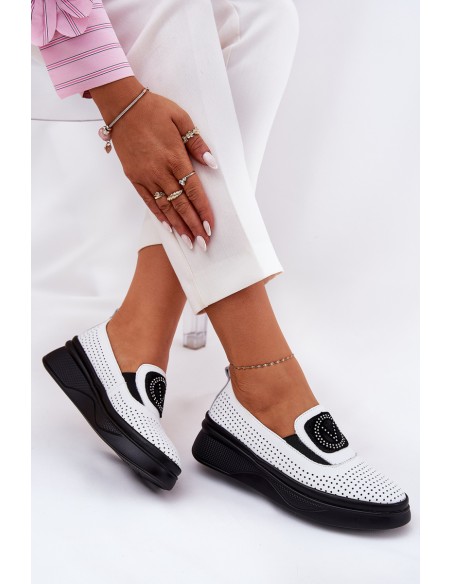 Ladies Leather Moccasins On Platform And Wedge White Vinceza 79522