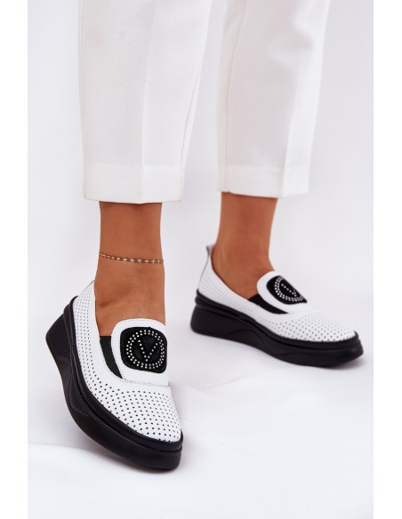 Ladies Leather Moccasins On Platform And Wedge White Vinceza 79522