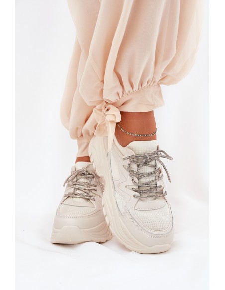 Moteriški sportbačiai su platforma su dekoratyviniu suvarstymu smėlio spalvos