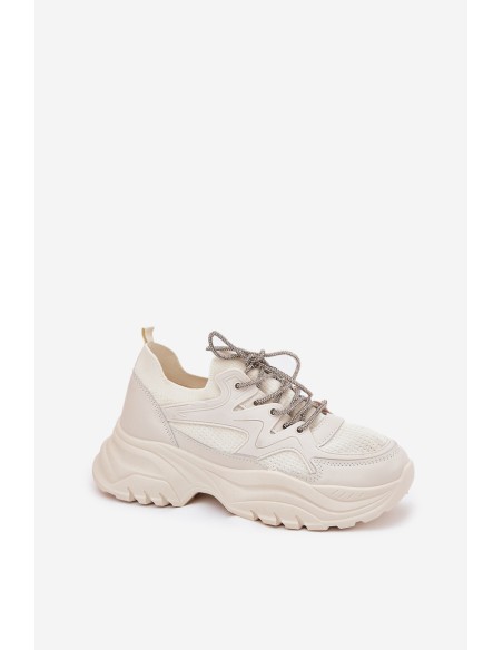 Moteriški sportbačiai su platforma su dekoratyviniu suvarstymu smėlio spalvos