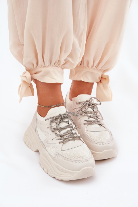 Women's Platform Sneakers with Decorative Lacing Beige Evalianne