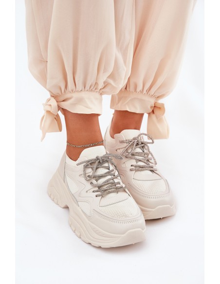 Moteriški sportbačiai su platforma su dekoratyviniu suvarstymu smėlio spalvos