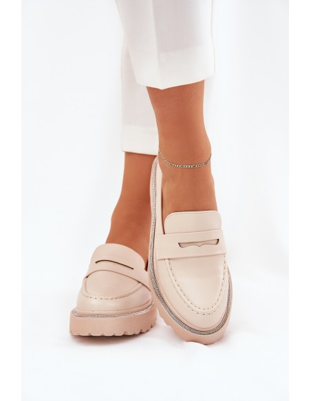 Ladies Moccasins Eco Leather With Rhinestones Beige Wilamla