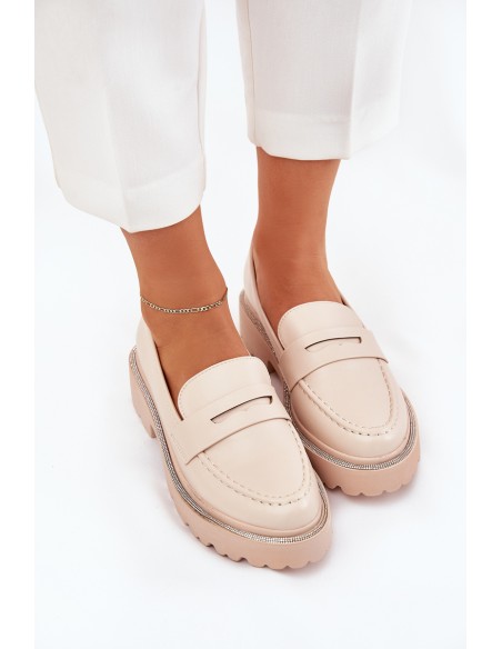 Ladies Moccasins Eco Leather With Rhinestones Beige Wilamla