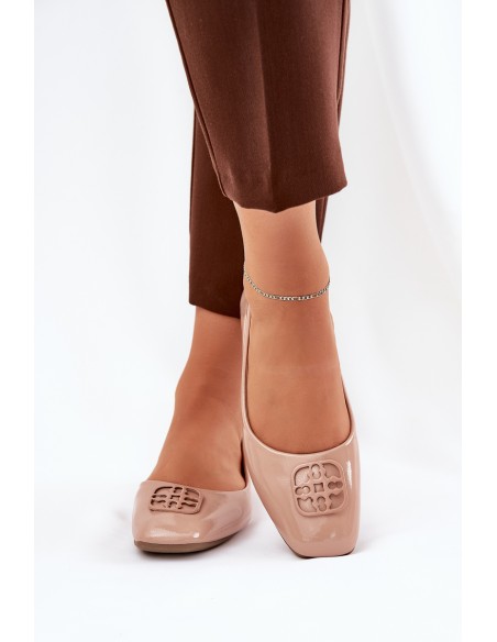 Lacquered Elegant Women's Ballet Flats With Decorative Detail Beige Vinceza 17377