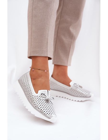 Ladies Leather Cutout Loafers Made Of Natural Leather D&A LR51-631 Silver