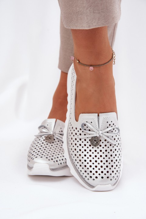 Ladies Leather Cutout Loafers Made Of Natural Leather D&A LR51-631 Silver