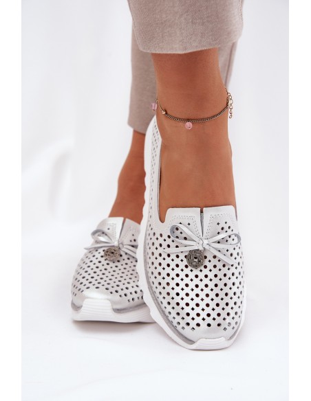 Ladies Leather Cutout Loafers Made Of Natural Leather D&A LR51-631 Silver