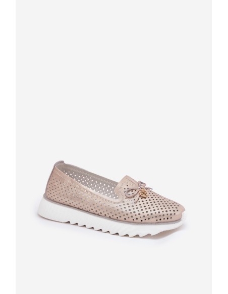 Women's Leather Perforated Shoes Made Of Natural Leather D&A LR51-631 Golden