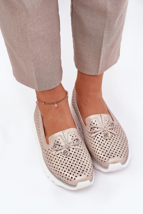 Women's Leather Perforated Shoes Made Of Natural Leather D&A LR51-631 Golden