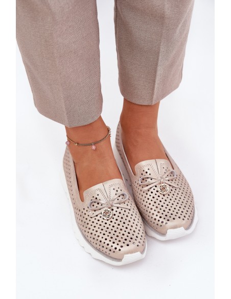 Women's Leather Perforated Shoes Made Of Natural Leather D&A LR51-631 Golden