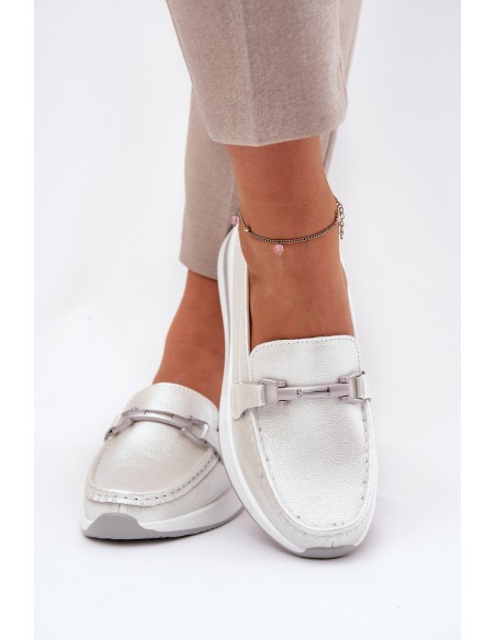 Leather Women's Moccasins With Decoration D&A LR51-966 Silver