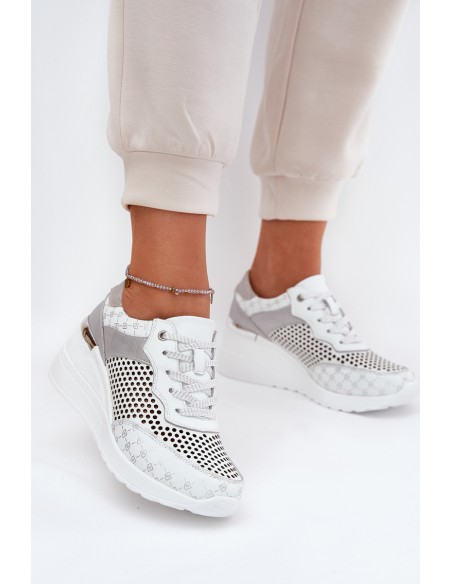 Leather Perforated Sports Shoes Sneakers On Wedge White S.Barski LR51-641