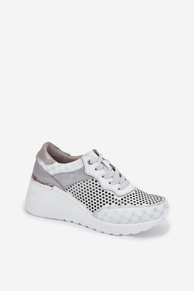 Leather Perforated Sports Shoes Sneakers On Wedge White S.Barski LR51-641 2