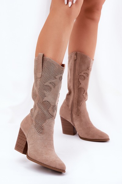 Perforated Cowboy Boots On Heel Beige S.Barski HY51-606