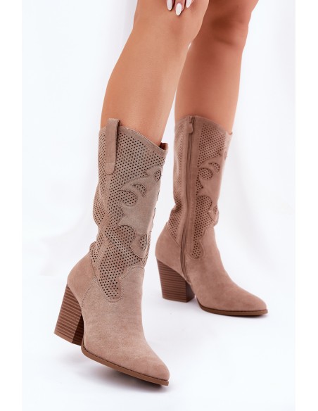 Perforated Cowboy Boots On Heel Beige S.Barski HY51-606