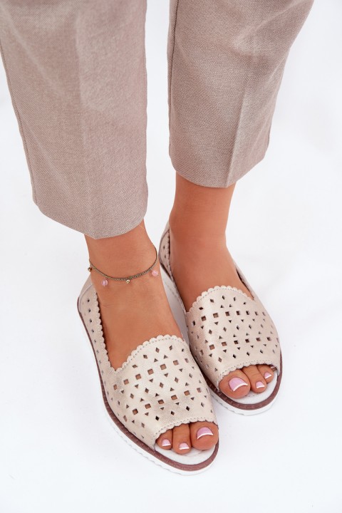 Leather Perforated Ballet Flats With Open Toes S.Barski LR51-922 Beige