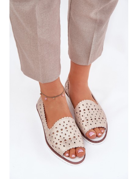 Leather Perforated Ballet Flats With Open Toes S.Barski LR51-922 Beige