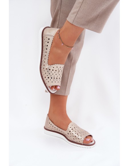 Leather Perforated Ballet Flats With Open Toes S.Barski LR51-922 Beige