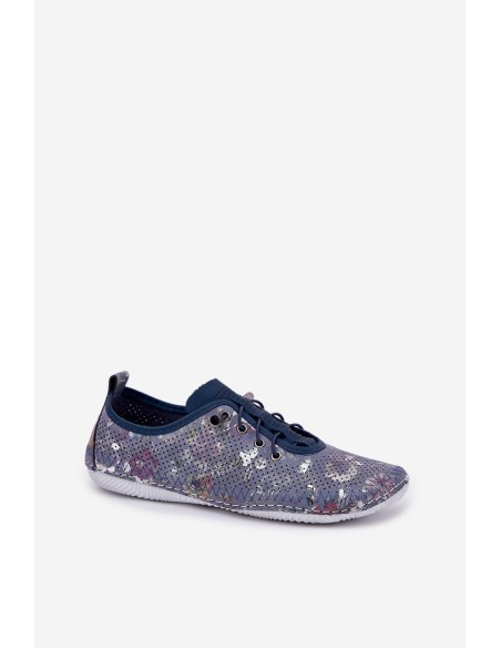 Ladies Leather Derby Shoes Made Of Natural Leather Patterned Artiker 56C2691 Blue