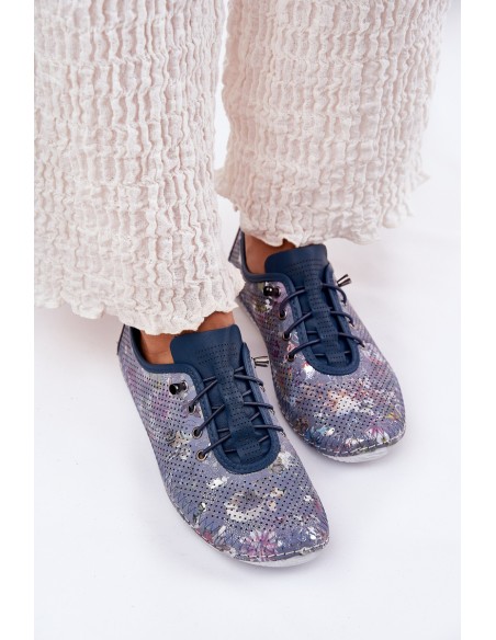 Ladies Leather Derby Shoes Made Of Natural Leather Patterned Artiker 56C2691 Blue