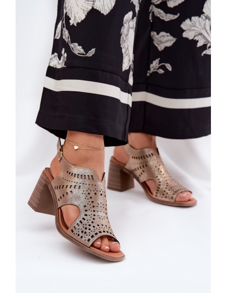Ladies Perforated Sandals On A Heel Gold Tosine