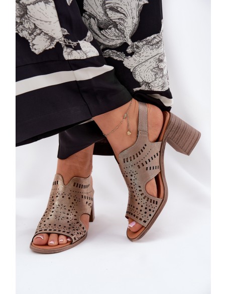 Ladies Perforated Sandals On A Heel Gold Tosine