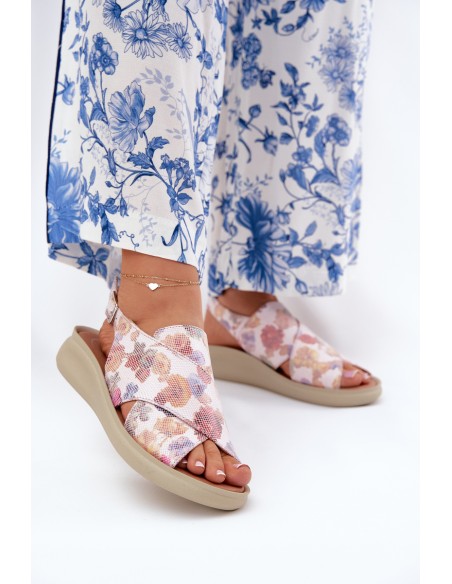 Ladies sandals made of eco leather with flowers multicolor Tosmelia
