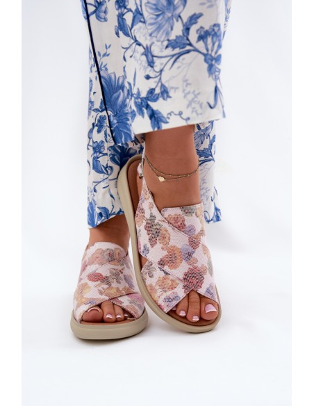 Ladies sandals made of eco leather with flowers multicolor Tosmelia