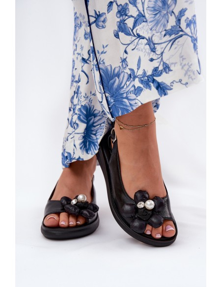 Ladies Sandals With Decorative Flower Black Divonne