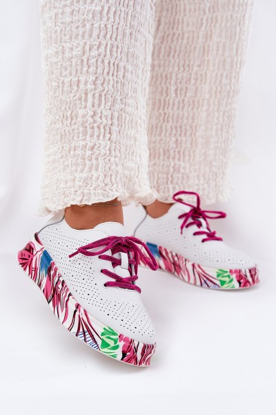 Women's Leather Sneakers On Patterned Platform Vinceza 88017 White