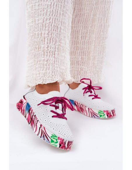 Women's Leather Sneakers On Patterned Platform Vinceza 88017 White