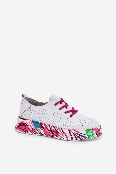Women's Leather Sneakers On Patterned Platform Vinceza 88017 White 2