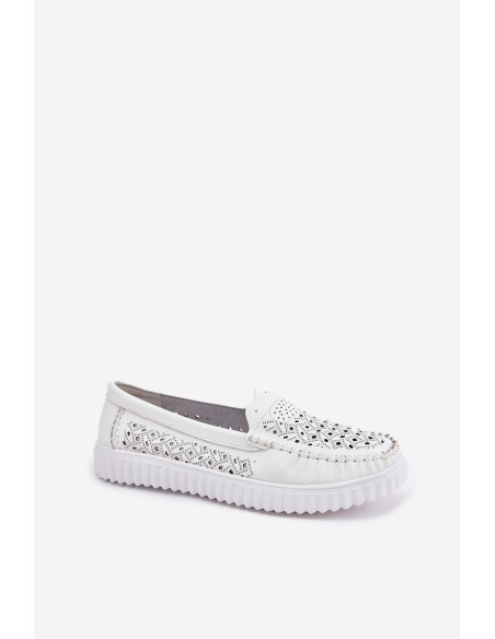 Leather Women's Moccasins With Openwork Pattern Vinceza 88028 White