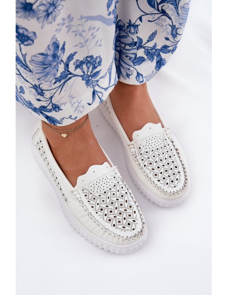 Leather Women's Moccasins With Openwork Pattern Vinceza 88028 White