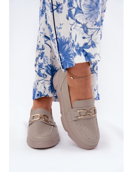 Ladies Leather Moccasins with Golden Detail Ciemnobeżowe Vinceza 88007